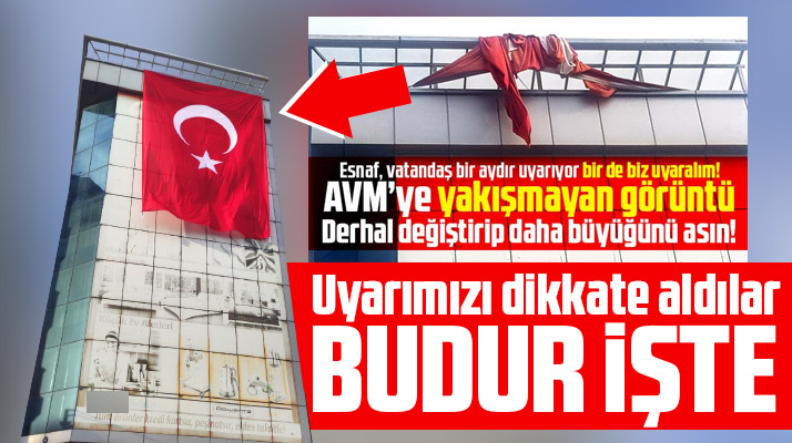 Bafra ilçesinde AVM binasında asılı duran yıpranmış bayrak yenisi ile değiştirildi