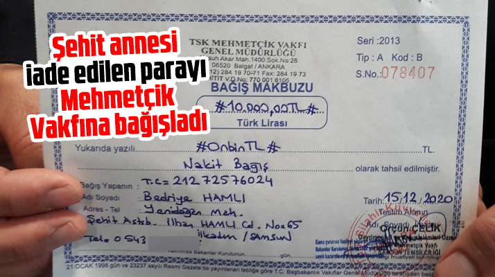 Samsun'da şehit annesi Bedriye Hamlı iade edilen parayı Mehmetçik Vakfına bağışladı