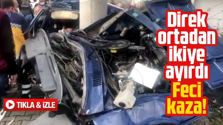 Samsun-Ankara karayolunda direğe çarpan araç ikiye ayrıldı