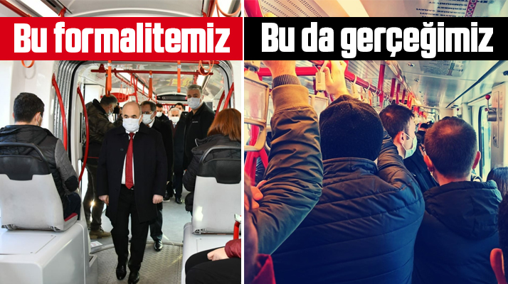 Samsun'da tramvaylar Vali denetlerken boş, denetim yokken tıklım tıklım