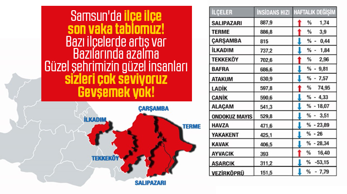 Samsun'un ilçe ilçe 3-9 Nisan haftasına ait son vaka tablosu açıklandı
