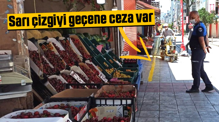 İlkadım Belediyesi esnafların kaldırım işgalini önlemek için sarı çizgi çekti