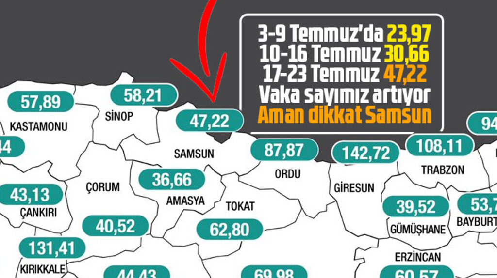 Samsun'un 17-23 Temmuz haftası vaka sayısında artış oldu