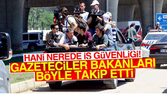 Samsun'da bakanları takip eden gazetecilerin kamyonet kasasında zor görevi