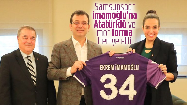 Samsunspor Ekrem İmamoğlu'na Atatürklü ve mor forma hediye etti