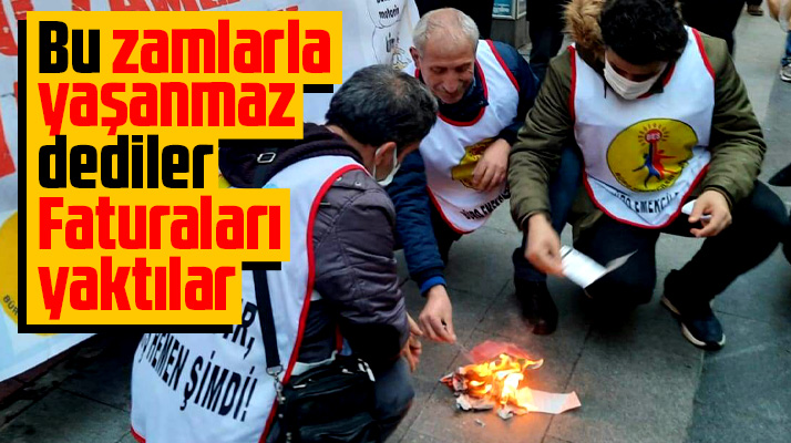 Samsun'da Büro Emekçileri Sendikası üyeleri, elektrik ve doğalgaz faturalarını yaktı