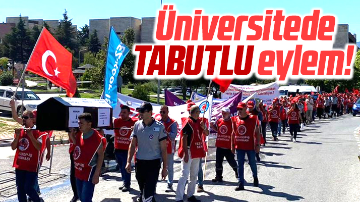 Samsun OMÜ'de sendikalı işçilerden tabutlu yürüyüşlü eylem