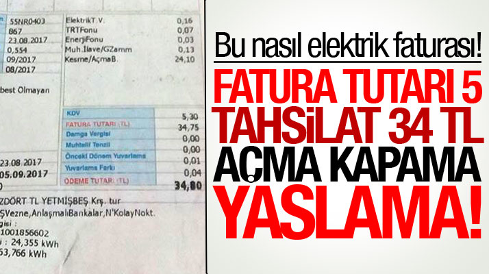 Samsun'da 5 TL'lik elektrik faturası açma kapama bedeli ile 34 TL oldu