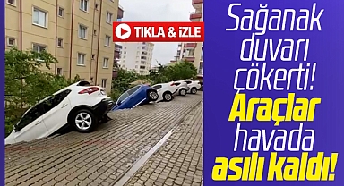 Samsun'da sağanak yağmur duvarı çökertti, otomobiller havada asılı kaldı
