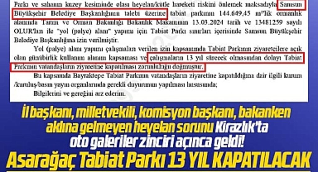 Samsun'da Asarağaç-Bayraktepe Tabiat Parkı 13 yıl kapatılacak!