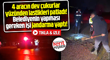 Samsun'da çukura düşen 4 aracın lastiği patladı! Çukurları jandarma kapattı!