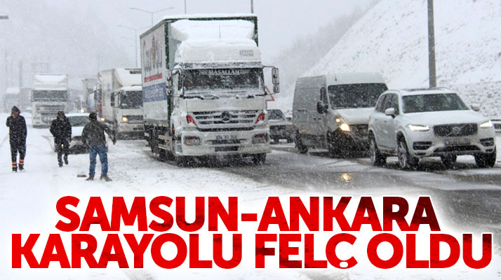 Samsun-Ankara karayolu kar yağışı nedeni ile felç oldu araçlar yolda kaldı