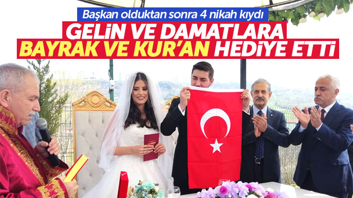 Necattin Demirtaş 4 nikah kıydı gelin ve damatlara Türk Bayrağı ve Kur'an hediye etti