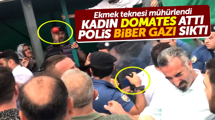 Samsun'da olaylı mühürleme! Kadın domates fırlattı, polis biber gazı sıktı
