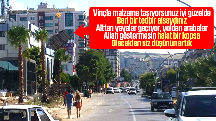 Samsun'da alış veriş merkezi inşaatına vinçle malzeme taşınması yürekleri ağza getirdi