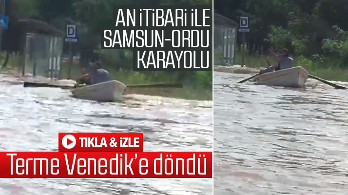 Terme ilçesinde göle dönen Samsun-Ordu kara yolunda kayıkla seyahat şaşkınlık yarattı