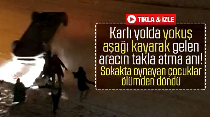 Samsun Atakum'da karda yokuş aşağı kayan otomobilin takla atma anı