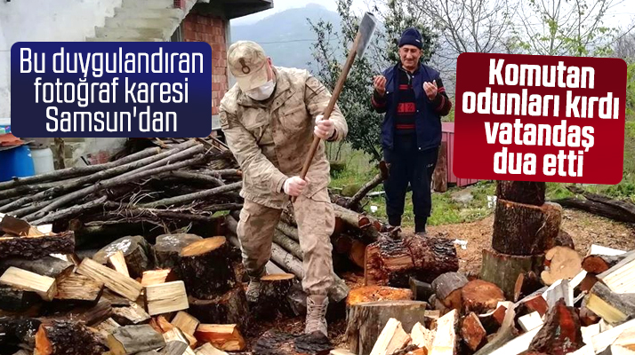 Samsun'da odun kıran komutan ve dua eden vatandaşın fotoğrafı duygulandırdı