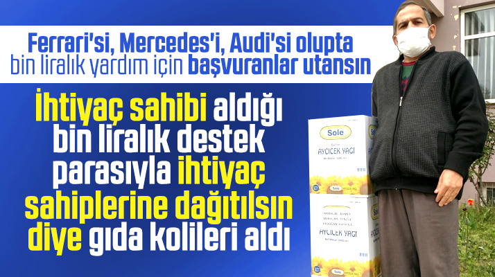 Samsun'da devletin verdiği bin liralık yardım parası ile gıda kolileri alan adam